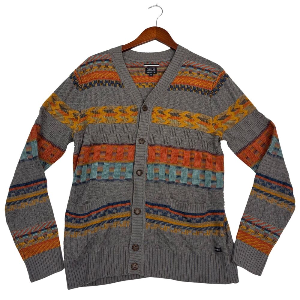 RVCA Mens M Gray Multicolor Geometric Aztec Knit Cardigan Sweater Button Front